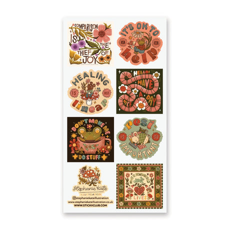 🌼 Boost your mood and hype yourself up with this feel-good sheet by @stephaniekateillustration! Packed with affirmations and retro vibes, these designs are here to remind you that rest matters, healing isn’t linear, and that ✨ you’re doing great, sweetie ✨

Art by: @stephaniekateillustration