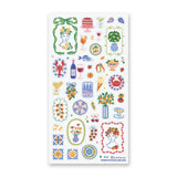 🍋🦞 Ciao to sunny days, seaside snacks, and a table full of color! This playful sheet is packed with lemons, tomatoes, seafood, spritzes, sardines, patterned tiles, and plenty of Mediterranean flair. Add in a few artsy portraits and bright floral details, and it’s basically a whole summer getaway squeezed onto one sticker sheet.

Top Coating: None
Adhesive Layer: PVC (plastic)
Backing Layer: Clear
6.69" x 3.54".
Weight - 0.03lbs
1 sheet included