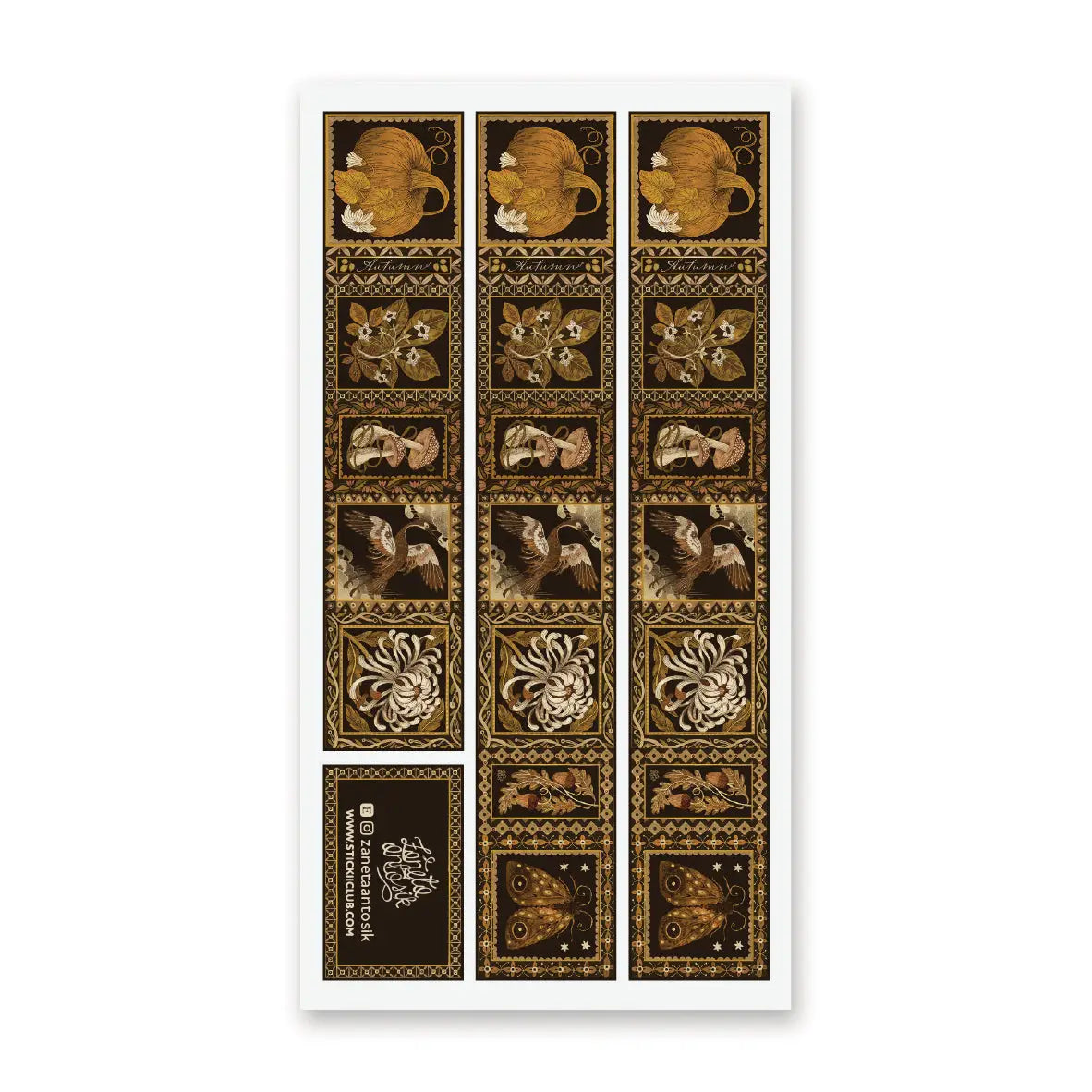STICKII - Autumn in Gold Washi Sticker Sheet

🍂🕯️ A little moody, a little magical, and beautifully steeped in autumn charm, @zanetaantosik’s washi sheet feels like a cabinet of seasonal curiosities. Ornate frames hold pumpkins, mushrooms, moths, birds, blossoms, and acorns in rich shades of amber, brown, cream, and gold. This sheet is perfect for adding a warm vintage touch to journals, letters, and cozy fall pages. Art by: @zanetaantosik

Top Coating: Gold Foil
Adhesive Layer: Paper
Backing Layer: Paper