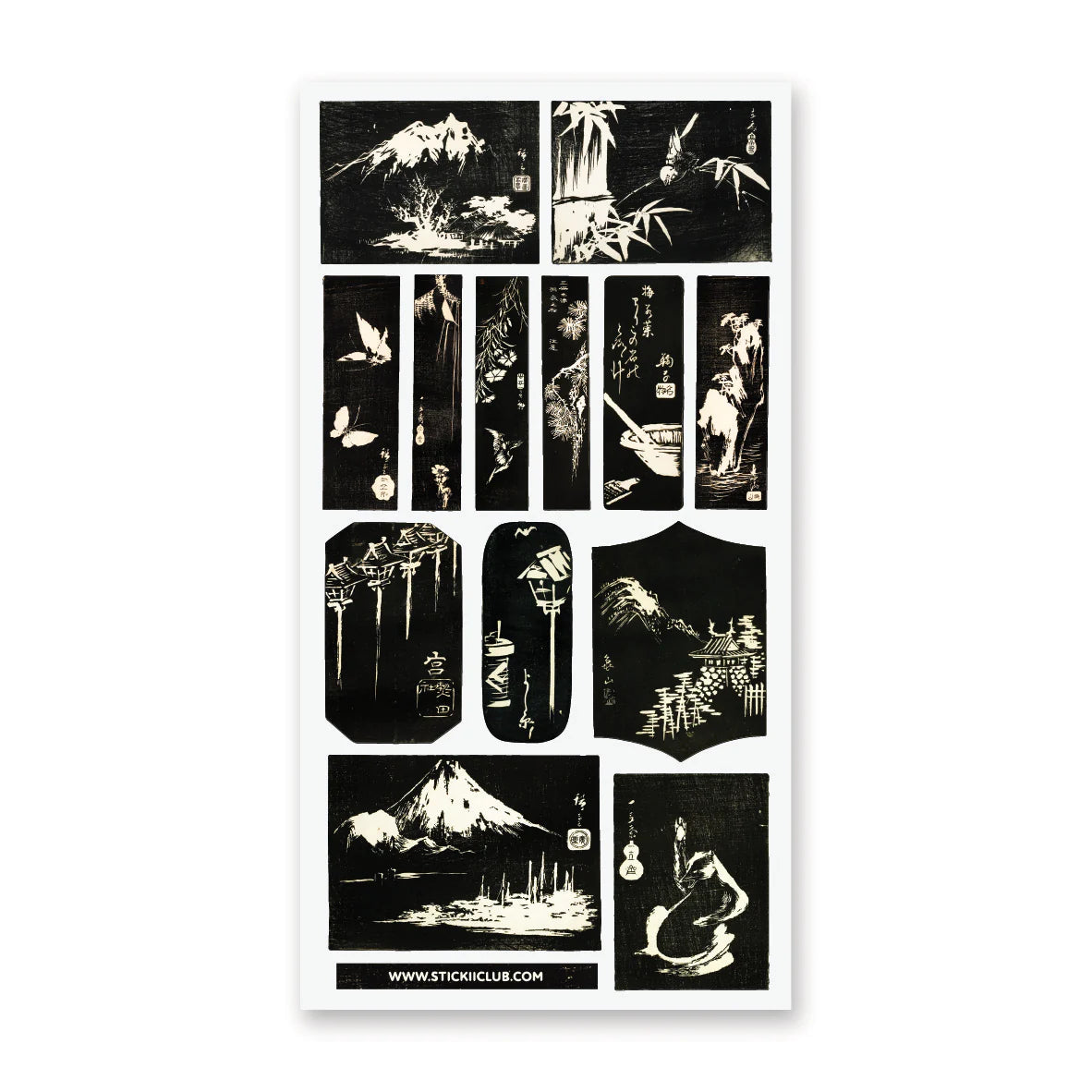 🖤⛰️ Steeped in shadow and stillness, this harimaze-inspired collection unfolds like a series of inked visions from another time. Snow-capped peaks, softly glowing lanterns, fleeting birds, and graceful calligraphy emerge in striking contrast, each scene capturing a moment suspended between past and present. Bold yet contemplative, this sheet carries the quiet power of night, history, and the beauty found in what remains unspoken.