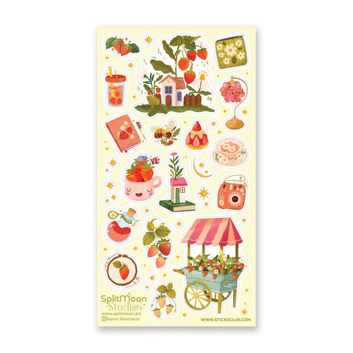 STICKII - Berry Patch Cottage Sticker Sheet

🏡🌼 Wander into @karen.illustrator’s strawberry-filled set, where tiny houses sit beneath berry-laden branches and sweet treats sparkle under starry skies. Bees buzz between blossoms, teacups overflow with fruit, and little trinkets feel plucked from a magical countryside market. Juicy and whimsical, this charming sheet is bursting with strawberry magic. Art by: @karen.illustrator

Top Coating: Gold Foil
Adhesive Layer: Paper
Backing Layer: Paper
6.69" x 3.54".
