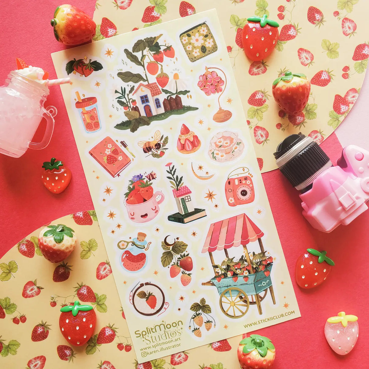 STICKII - Berry Patch Cottage Sticker Sheet

🏡🌼 Wander into @karen.illustrator’s strawberry-filled set, where tiny houses sit beneath berry-laden branches and sweet treats sparkle under starry skies. Bees buzz between blossoms, teacups overflow with fruit, and little trinkets feel plucked from a magical countryside market. Juicy and whimsical, this charming sheet is bursting with strawberry magic. Art by: @karen.illustrator

Top Coating: Gold Foil
Adhesive Layer: Paper
Backing Layer: Paper
6.69" x 3.54".
