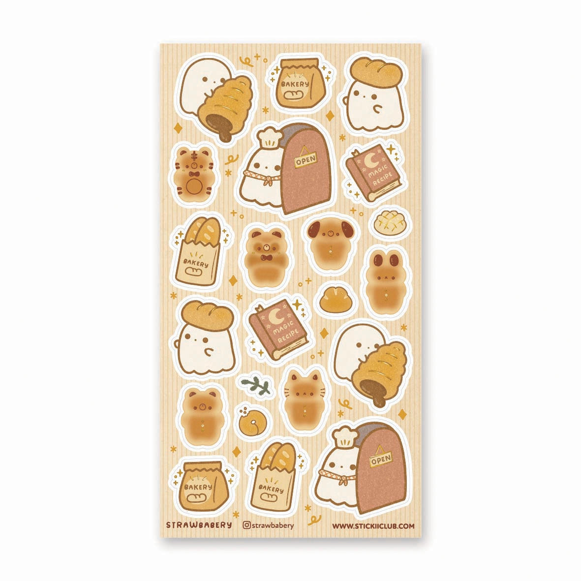 🥐👻 Boo-tiful breads, fresh from the oven! This adorable sheet by @strawbabery whisks you into a ghost-run bakery where the flour is magical and the buns are unbearably cute. From bear-shaped loaves and bunny rolls to bakery bags stuffed with golden baguettes, this set will add just the right dash of sweet and spooky to your day.

Art by: @strawbabery

Top Coating: None
Adhesive Layer: PVC (plastic)
Backing Layer: Clear PET
6.69" x 3.54".
Weight - 0.03lbs.
1 sheet included &nbsp; &nbsp;