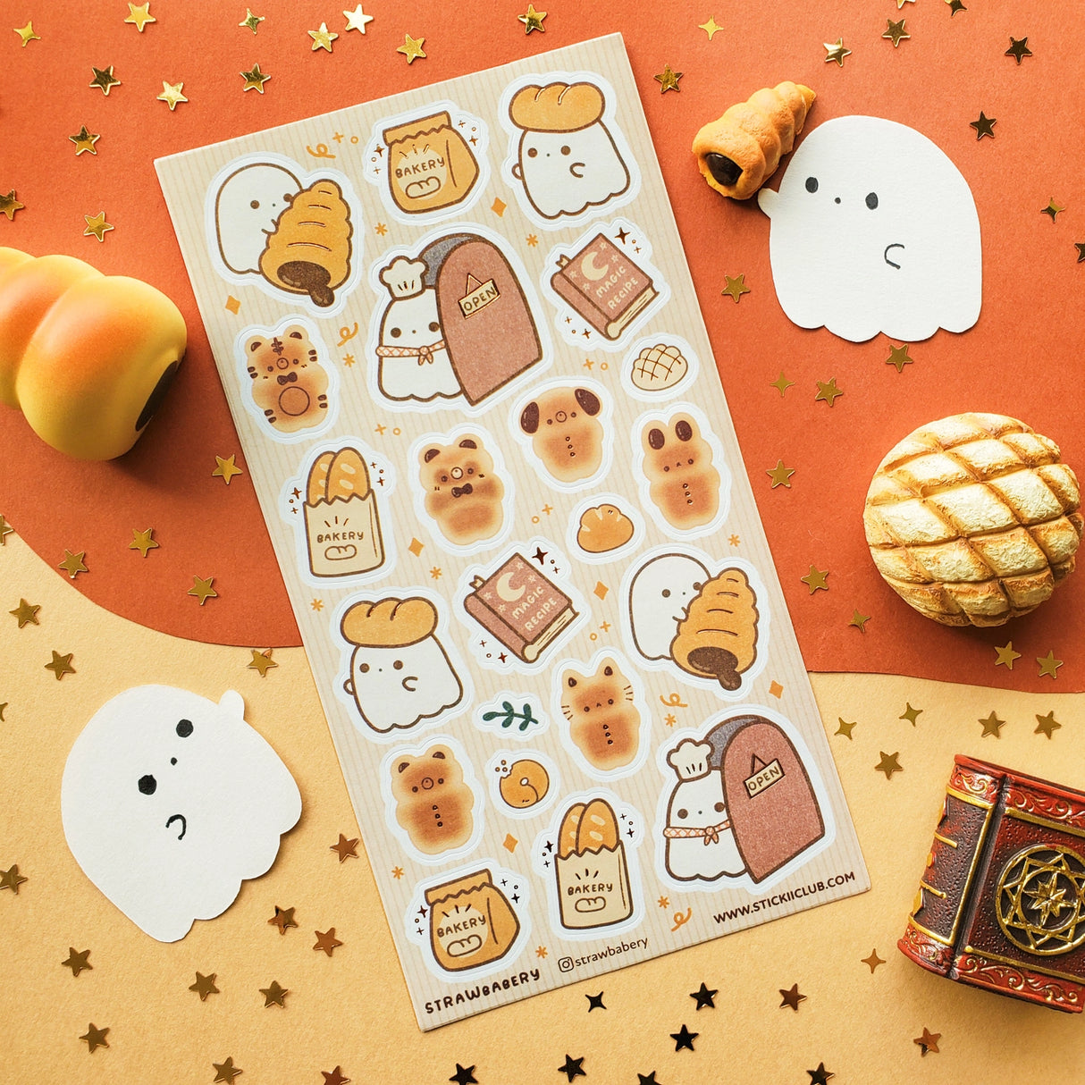 🥐👻 Boo-tiful breads, fresh from the oven! This adorable sheet by @strawbabery whisks you into a ghost-run bakery where the flour is magical and the buns are unbearably cute. From bear-shaped loaves and bunny rolls to bakery bags stuffed with golden baguettes, this set will add just the right dash of sweet and spooky to your day.

Art by: @strawbabery

Top Coating: None
Adhesive Layer: PVC (plastic)
Backing Layer: Clear PET
6.69" x 3.54".
Weight - 0.03lbs.
1 sheet included &nbsp; &nbsp;