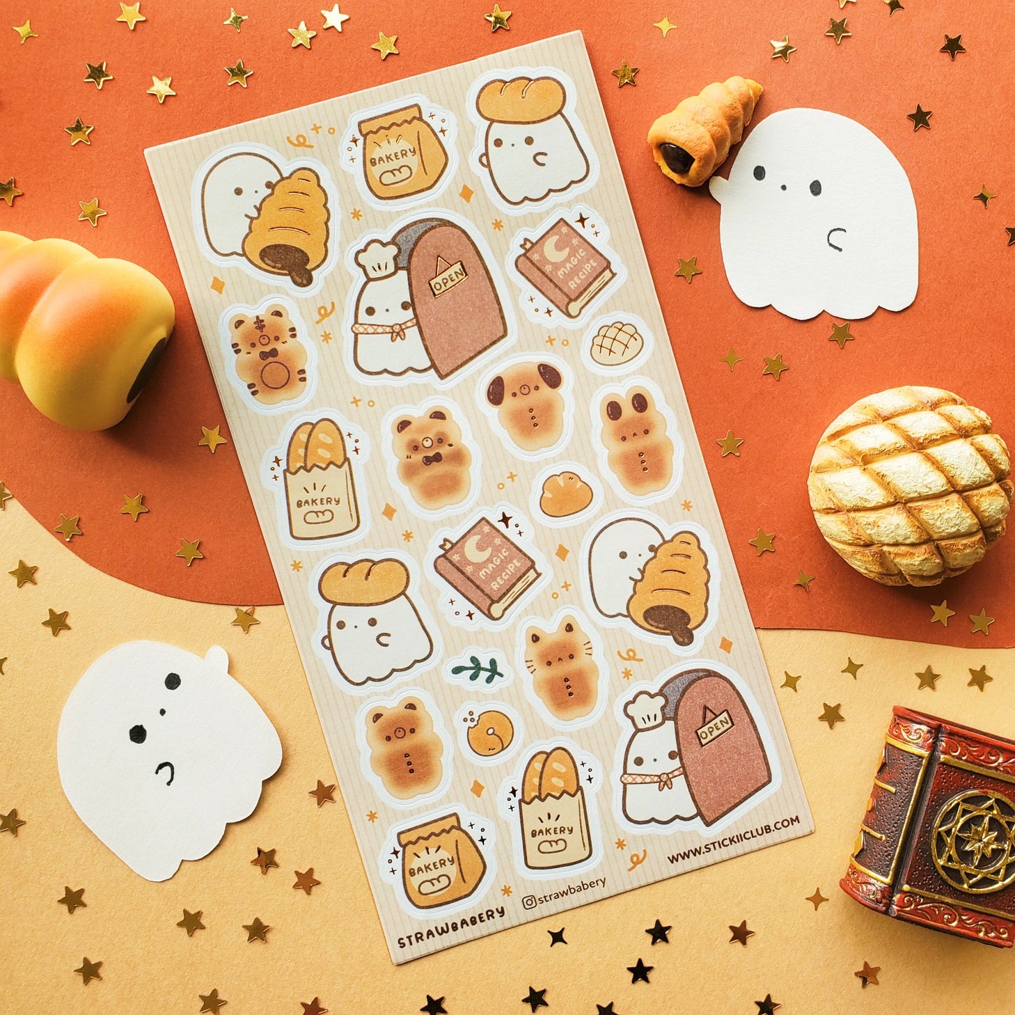 🥐👻 Boo-tiful breads, fresh from the oven! This adorable sheet by @strawbabery whisks you into a ghost-run bakery where the flour is magical and the buns are unbearably cute. From bear-shaped loaves and bunny rolls to bakery bags stuffed with golden baguettes, this set will add just the right dash of sweet and spooky to your day.

Art by: @strawbabery

Top Coating: None
Adhesive Layer: PVC (plastic)
Backing Layer: Clear PET
6.69" x 3.54".
Weight - 0.03lbs.
1 sheet included &nbsp; &nbsp;