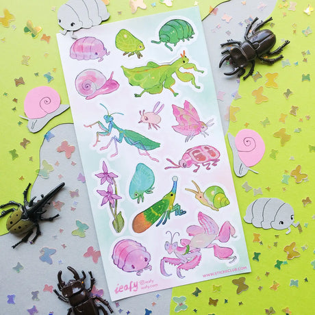 🪲💕 Bugs, but make them baby pink and minty fresh. @ieafy’s pastel insect parade is crawling with candy-colored cuties, from rosy roly-polies and bubblegum snails to leafy hoppers, dreamy moths, and mantises serving major main-bug energy. They’re tiny, shiny, and ready to convert even the bug skeptics. Art by: @ieafy

One sticker sheet is included.
• Top Coating: None
• Adhesive Layer: Paper
• Backing Layer: Clear PET
• 6.69"x3.54"
• Weight-0.03oz
• 1 Sheet Included