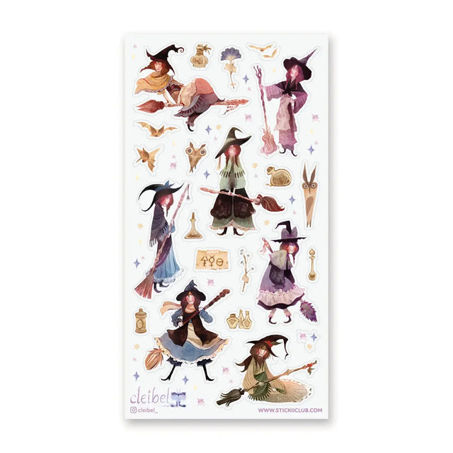 🧹✨ Cast a spell with this charming witchy collection by @cleibel! Featuring witches in flowing dresses, fluttering familiars, enchanted brooms, and delicate potion details, each illustration feels light, whimsical, and full of wonder. With soft colors, painterly textures, and sparkling accents, this dreamy sheet captures the cozy side of spellcraft and the magic of twilight adventures.

Art by: @cleibel

Top Coating: None
Adhesive Layer: Paper
Backing Layer: Clear PET
6.69" x 3.54".
Weight - 0.03lbs.
1 she