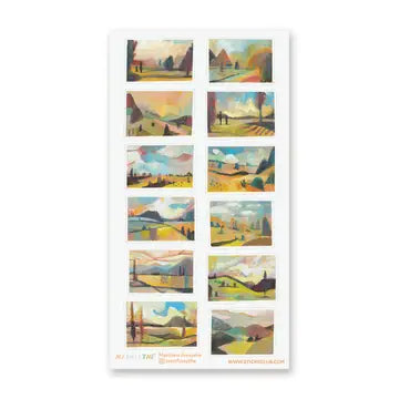 With soft skies that melt into rolling fields, storybook peaks, lush trees, and sunlit paths that lead somewhere warm and wonderfully unknown, each painting feels like a daydream gently brushed onto paper.