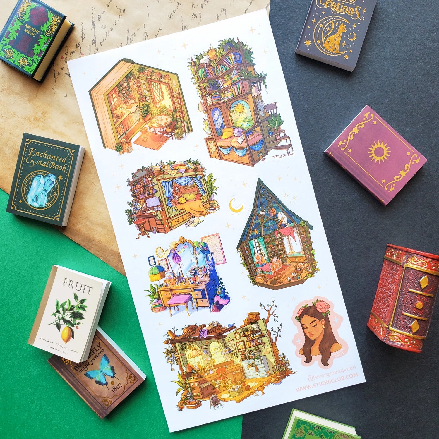 🪟🪴 Alright, sometimes we wanna run but we can’t. Real life, responsibilities, uggggh! So sometimes you just gotta get away by hiding in your own little sanctuary like these ones by @evergreenqveen. Enchanted rooms, dreamy lofts, and secret garden studios — all perfect for the best daydream escape. Grab the ‘do not disturb’ sign and head for nirvana!

Art by: @evergreenqveen

Top Coating: None

Adhesive Layer: Paper

Backing Layer: Clear PET

6.69" x 3.54". Weight - 0.03lbs.

1 sheet included