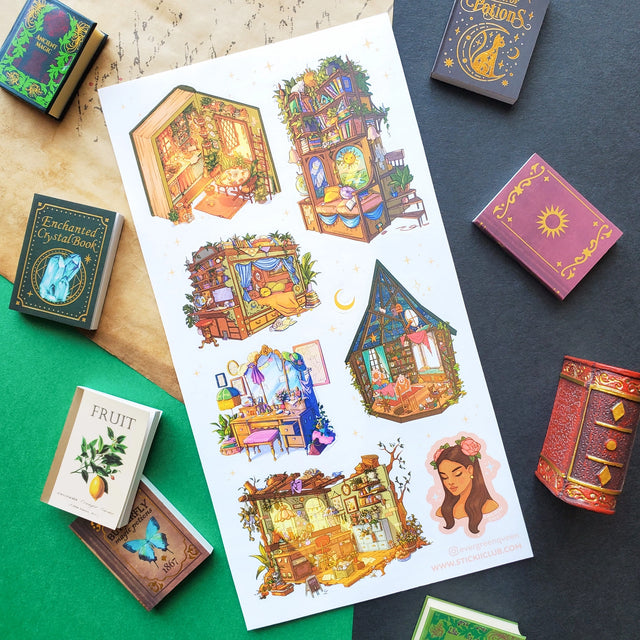 🪟🪴 Alright, sometimes we wanna run but we can’t. Real life, responsibilities, uggggh! So sometimes you just gotta get away by hiding in your own little sanctuary like these ones by @evergreenqveen. Enchanted rooms, dreamy lofts, and secret garden studios — all perfect for the best daydream escape. Grab the ‘do not disturb’ sign and head for nirvana!

Art by: @evergreenqveen

Top Coating: None

Adhesive Layer: Paper

Backing Layer: Clear PET

6.69" x 3.54". Weight - 0.03lbs.

1 sheet included