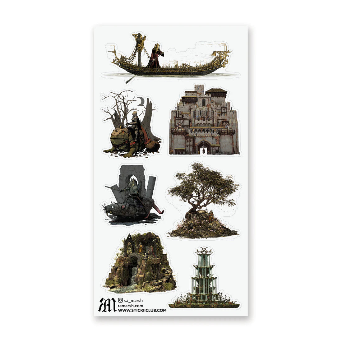 ⚔️🏰 Epic and atmospheric, this medieval fantasy set by @r.a_marsh unfolds like scenes from a forgotten legend. From towering fortresses and moss-covered ruins to lone knights, strange mounts, and winding waterways, each illustration is rich with texture and quiet drama. Grounded in history yet touched by myth, this sheet feels like a world mid-journey—weathered, mysterious, and waiting to be explored.