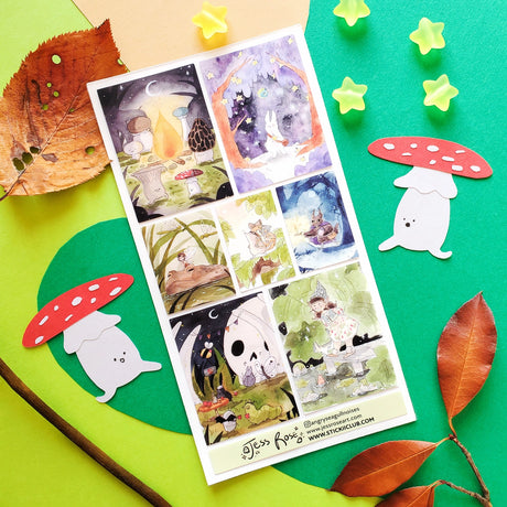 🍄💫 As night falls, @angryseagullnoises’ tiny adventurers set off on their moonlit quests! Mushrooms twirl ‘round the campfire, a bunny collects falling stars, and fairies hitch frog-back rides to hidden ponds. Every path leads to magic here—where bedtime is just the beginning of the adventure.