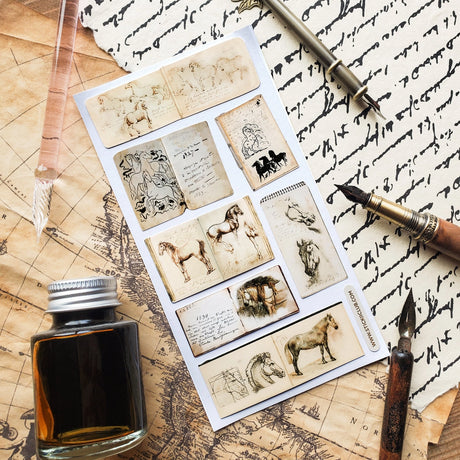 📜🖊 Featuring pages filled with smudged notes, aged paper, and elegant drawings, explore the quiet poetry of the past with this exquisite set of antique horse sketches. From spirited stallions mid-gallop to tender, meticulously rendered portraits, each journal gives us a glimpse into an artist’s wandering, timeworn sketchbook.