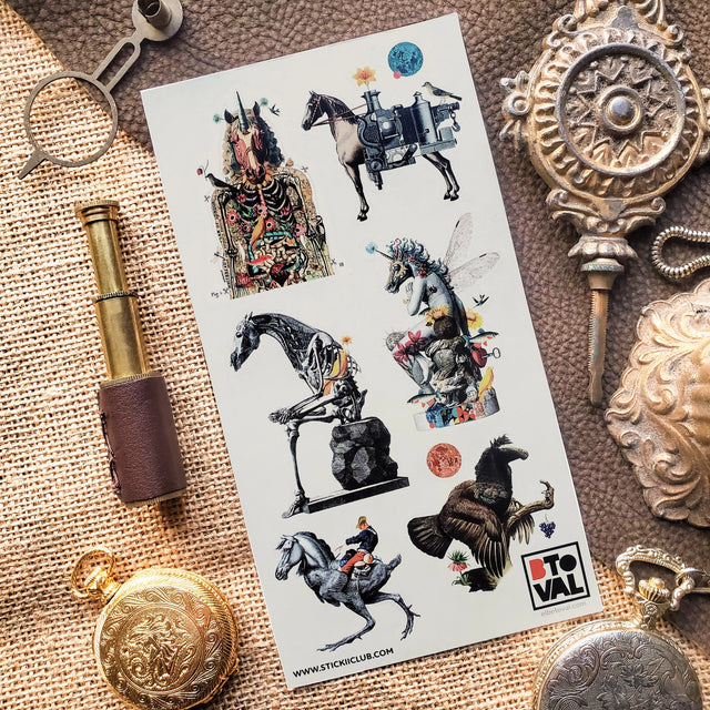 🦅🐎 In this whimsical set by @elbetoval, equine forms bloom with flowers, hum with clockwork, and sprout wings that shimmer like insects in sunlight. Blending nature and fantasy into striking collage art, add a touch of surreal charm to your pages and let these extraordinary hybrids gallop straight into your most creative adventures.


Top Coating: None
Adhesive Layer: Paper
Backing Layer: Clear PET
6.69" x 3.54".
Weight - 0.03lbs.
1 sheet included