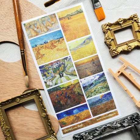 ☀️🖼️ Golden fields stretch beneath swirling skies in this beautiful set of Vincent van Gogh landscapes. From towering haystacks and sunlit harvests to winding village roads, farmhouses, and moonlit wheat fields, each piece captures the warmth, movement, and poetry of the countryside. Rich with glowing yellows, deep blues, and Van Gogh’s unmistakable brushstrokes.

One sticker sheet is included.
• Top Coating: Textured
• Adhesive Layer: Paper
• Backing Layer: Paper
• 6.69" x 3.54"
• Weight - 0.03 oz
• 1 She