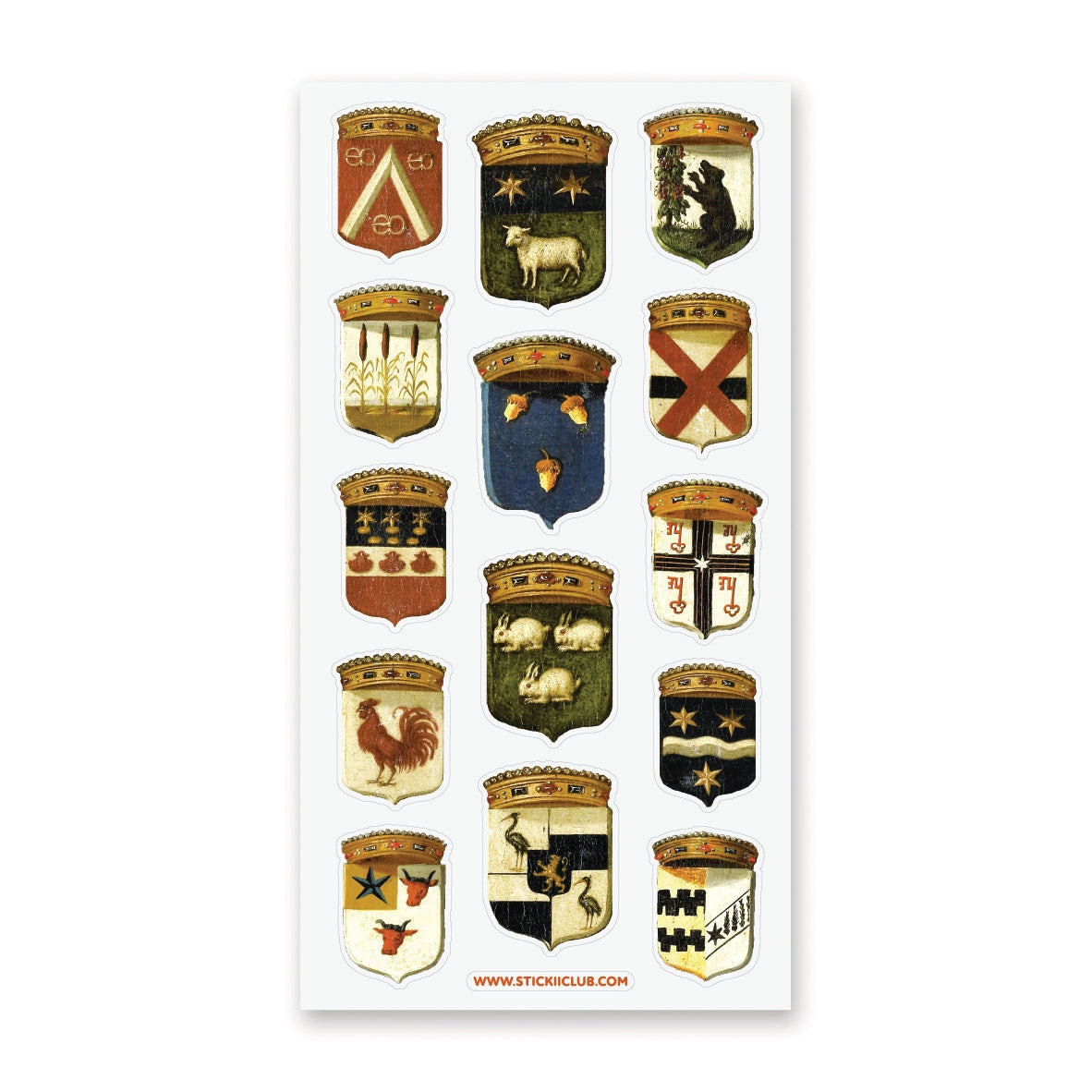 Step into the grand halls of ancient kingdoms with this striking collection of heraldic crests. From star-studded banners and geometric sigils to proud animal emblems symbolizing strength, loyalty, and courage, each shield carries the spirit of medieval artistry and old-world craftsmanship.

Top Coating: None
Adhesive Layer: Paper&nbsp;
Backing Layer: Clear PET
Size: 6.69" x 3.54"
1 sheet included