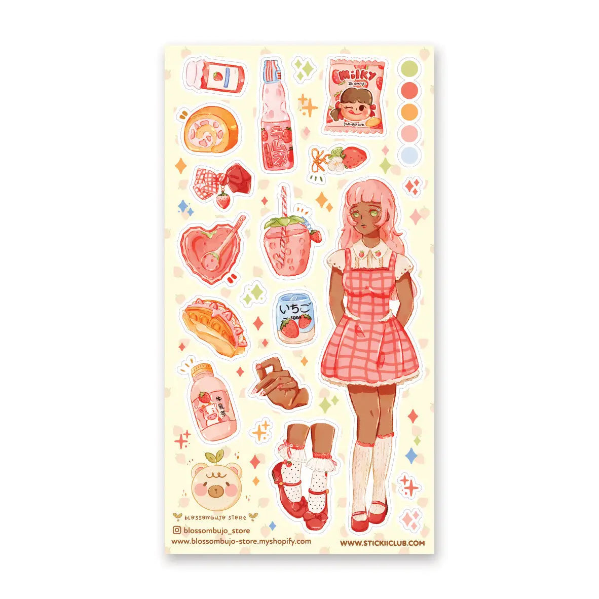 STICKII - Ichigo Style Sticker Sheet

🎀🍓 Serving full strawberry style, this stylish trendsetter by @blossombujo_store is rocking her berry best look, from her gingham dress to the tiniest fruity details. She’s clearly living her ultimate strawberry-loving life! If you enjoy living life on the sweet side, you’ll love this berrylicious sheet. Art by: @blossombujo_store

Top Coating: None
Adhesive Layer: Paper
Backing Layer: Paper
6.69" x 3.54".
Weight - 0.03lbs.
1 sheet included &nbsp; &nbsp;