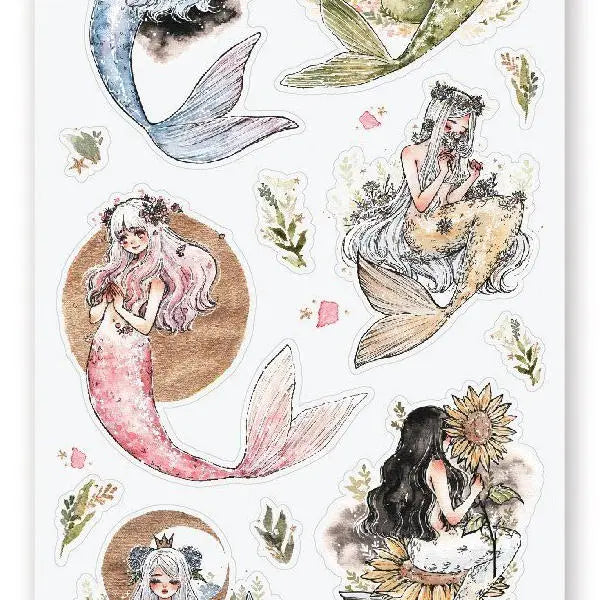 Magical mermaids surrounded by pieces of nature!

Art by @cherririi

Top Coating: None
Adhesive Layer: Paper
Backing Layer: Clear PET
6.69" x 3.54".
Weight - 0.03lbs.
1 sheet included &nbsp;