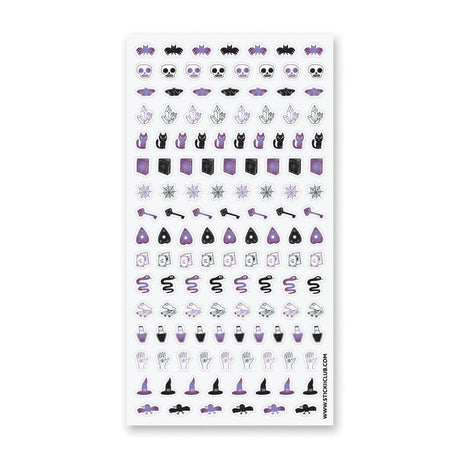 🦇🧪 Double double, foil and trouble—this sticker sheet is a bold and playful spell gone fabulously right! You’ll find crystal shards crackling with energy, wide-eyed black cats casting curious glances, and bubbling potion bottles. Snakes wiggle, frogs leap, and ravens look ready to caw secrets into the night. Tarot cards, witch hats, and keys to hidden realms mix with enchanted hands and mysterious planchettes, all ready for a night of mystical mayhem.
