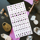 🦇🧪 Double double, foil and trouble—this sticker sheet is a bold and playful spell gone fabulously right! You’ll find crystal shards crackling with energy, wide-eyed black cats casting curious glances, and bubbling potion bottles. Snakes wiggle, frogs leap, and ravens look ready to caw secrets into the night. Tarot cards, witch hats, and keys to hidden realms mix with enchanted hands and mysterious planchettes, all ready for a night of mystical mayhem.