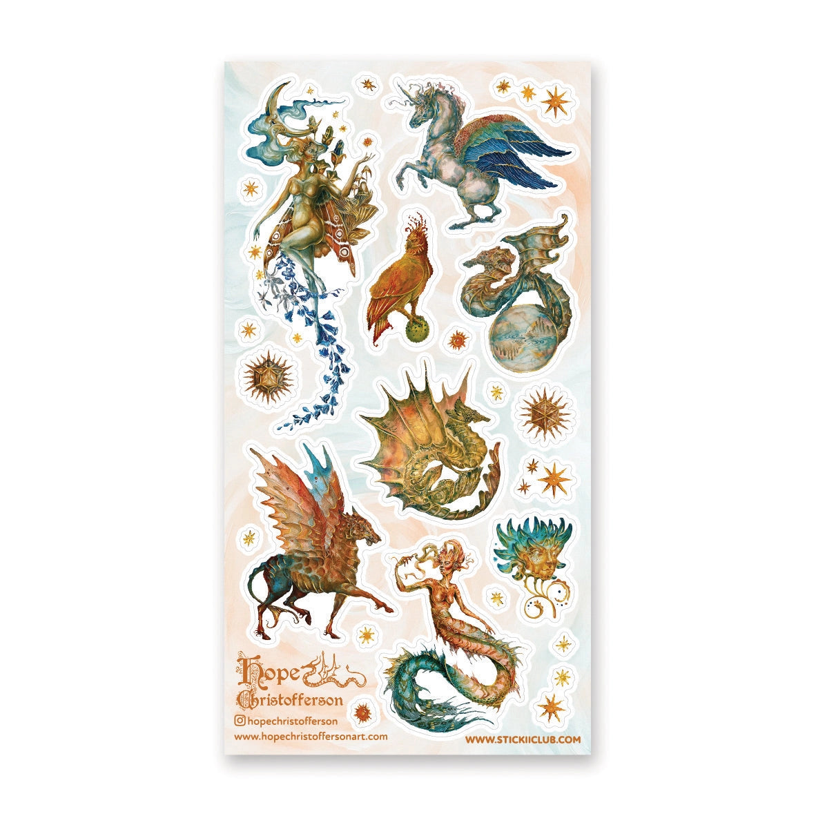 🦄🐉 Soaring through starlit skies and shimmering seas, @hopechristofferson’s mythical beings awaken a realm of untamed magic and ancient wonder. From a winged alicorn and celestial dragons to radiant sirens and cosmic creatures, get ready to weave epic fantasy tales and fill your pages with legendary beauty with this breathtaking sheet.

Art by: @hopechristofferson

Top Coating: Gold Foil
Adhesive Layer: Paper
Backing Layer: Paper
6.69" x 3.54".
Weight - 0.03lbs.