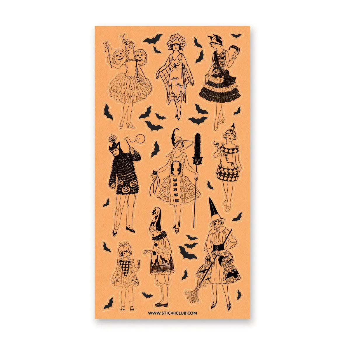 🎃🕸️ Dress up for a vintage Halloween soirée with this charming costume parade! From flapper-era witches and pumpkin queens to masquerade muses and bat-winged partygoers, every figure brings old-time spooky glamour to life. With delicate linework, retro silhouettes, and classic holiday flair, this sheet captures the playful elegance of Halloween celebrations from another era.

Top Coating: None
Adhesive Layer: Paper
Backing Layer: Clear PET
6.69" x 3.54".
Weight - 0.03lbs.
1 sheet included &nbsp; &nbsp;