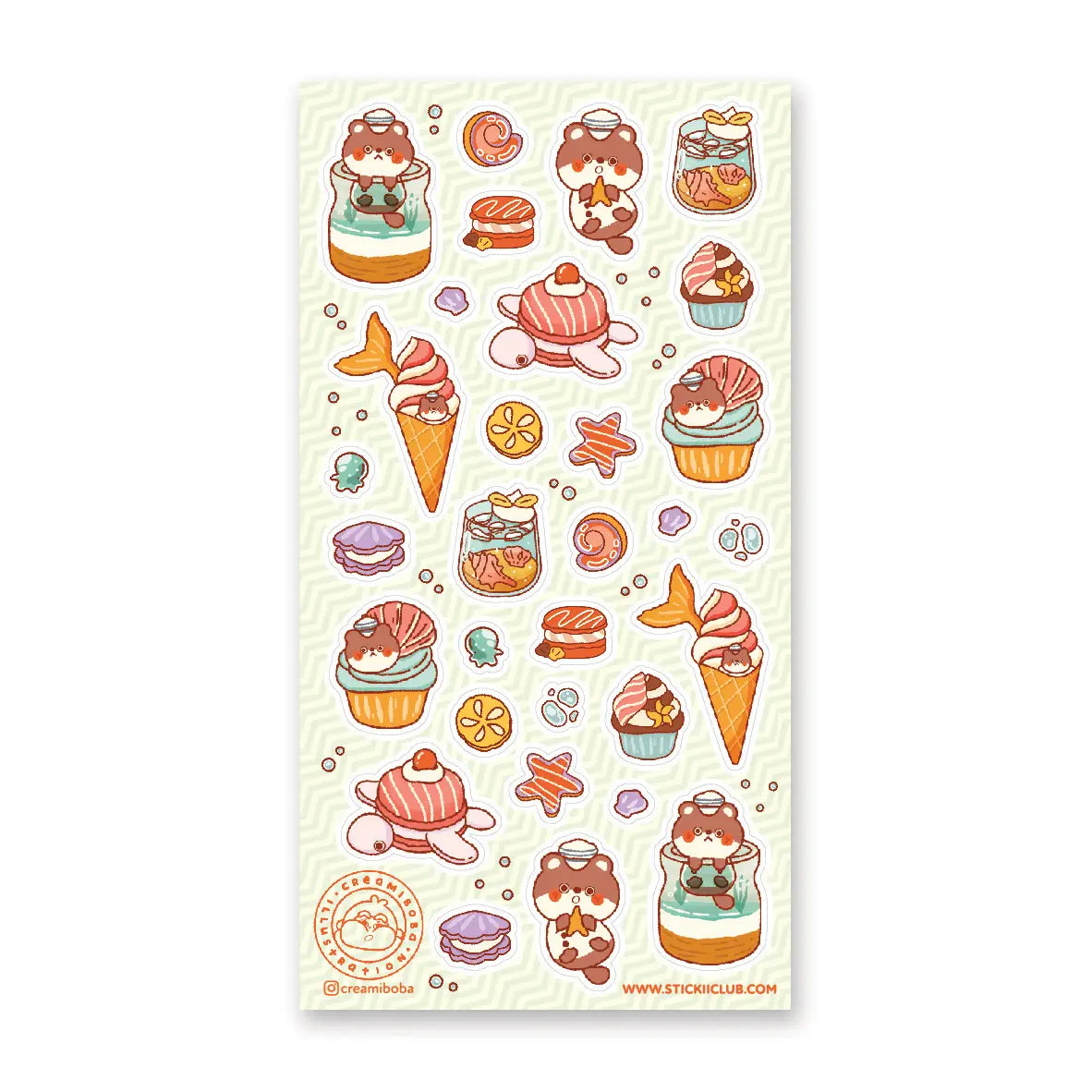 STICKII - Sea Sweets Sticker Sheet

🍦🐚 Get ready for an undersea foodie adventure with @creamiboba’s adorable little sea otter! We're splashing into a world of sweet ocean-inspired treats - imagine biting into a fin-tastic ice cream, munching on adorable starfish cookies, and savoring delightful turtle macarons. Can you believe all these yummy treasures were hiding beneath the waves? Tell us which underwater sweet makes your heart swim with joy! ✨

Art by: @creamiboba
Top Coating: Holo glitter
Adhesive La