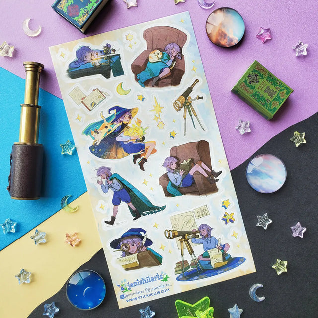 💫🔭 We gotta introduce you to Stella! @jenishiiarts_’s adventurous star-chasing witch with a mission to return fallen stars to the sky! I mean, what’s cooler than that? When she’s not busy studying the celestial lights, face buried in a book or peering through her telescope, you can find her soaring through the cosmos, hopping from star to star. Cheer her on with this amazing sticker sheet and postcard set! Art by: @jenishiiarts_

Top Coating: None
Adhesive Layer: Paper
Backing Layer: Paper
6.69" x 3.54".
