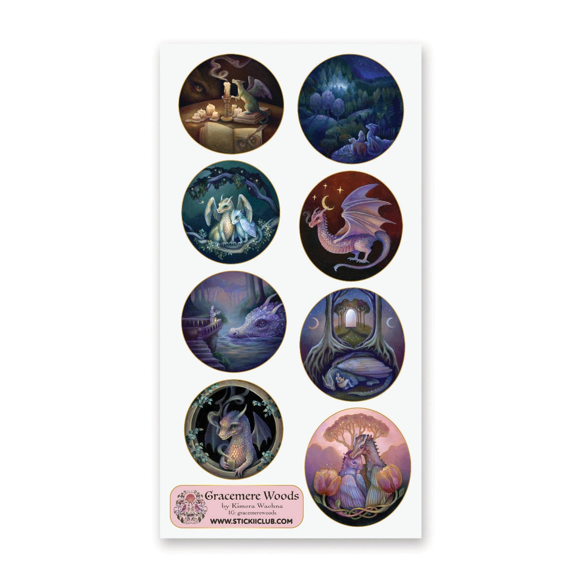 🌙🐲 Bathed in moonlight, @gracemerewoods’ dragons stand watch as gentle guardians of ancient forests, glowing gateways, and sacred firelight. Each scene reveals their role as protectors of balance, beauty, and magic. With dreamy brushwork, luminous atmosphere, and timeless fantasy charm, this sheet brings the legend of these mystical keepers to life.

&nbsp;Art by: @gracemerewoods

Top Coating: Gold Foil
Adhesive Layer: Paper
Backing Layer: Clear PET
6.69" x 3.54".
Weight - 0.03lbs.
1 sheet included