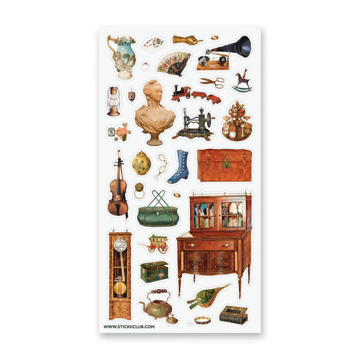 STICKII - Treasured Antiques Sticker Sheet

🕰️🧳 Brimming with timeworn treasures, this sheet feels like a quiet afternoon spent wandering through an antique shop. From ornate clocks and old sewing machines to travel trunks, violins, gramophones, and carefully kept curios, each piece captures the charm of objects with a story to tell. Perfect for adding a little old-world elegance, mystery, and nostalgia to your pages.

Top Coating: None
Adhesive Layer: Paper
Backing Layer: Paper
6.69" x 3.54".
Weight - 0.