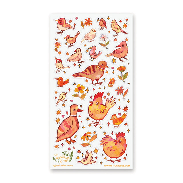 🐦🍂 Chirp, flutter, and hop into a cozy burst of color with this delightful birdy sheet from @byjessicaelena! Plump little songbirds strike playful poses among warm florals, falling leaves, and sparkly accents, all painted in rich autumny hues. Sweet, lively, and full of tiny feathered personalities, this flock is ready to fill your pages with cheerful woodland vibes.

Art by: @byjessicaelena

Top Coating: None
Adhesive Layer: Paper
Backing Layer: Clear PET 
6.69" x 3.54".
Weight - 0.03lbs.
1 sheet include