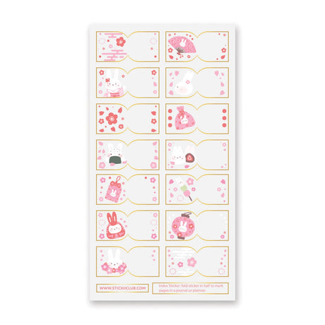 STICKII - Usagi Sakura Tabs Sticker Sheet

These clear tabs will make any journal, planner, or notebook at least 120% cuter! Nothing says springtime adorableness like bunnies and cherry blossoms.

Top Coating: Gold foil
Adhesive Layer: PVC (plastic)
Backing Layer: Clear PET
6.69" x 3.54".
Weight - 0.03lbs.
1 sheet included&nbsp;