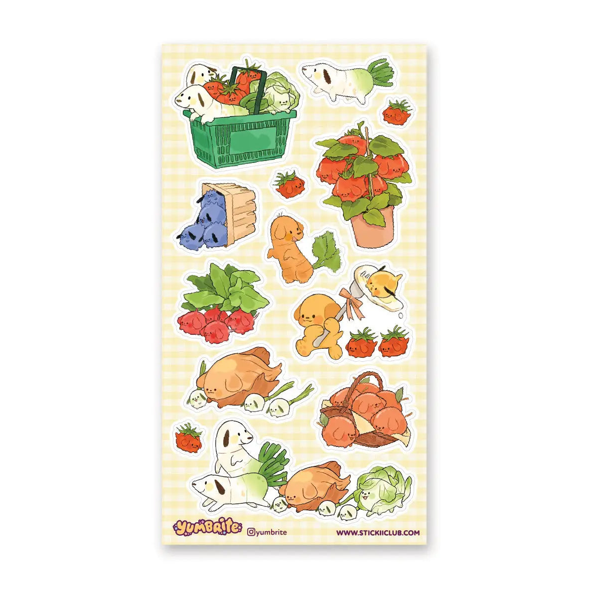🥕🐶 Let’s go to the cutest farmers market ever with @yumbrite’s veggie pups! From carrot doggos zooming around with leafy greens to tomato buddies piling into produce baskets, these pals take “farm to table” fun very seriously. Packed with fresh produce, playful pups, and wholesome charm, this sheet has us excited for our greens!

Art by: @yumbrite

Top Coating: None
Adhesive Layer: Paper
Backing Layer: Paper
6.69" x 3.54".
Weight - 0.03lbs.
1 sheet included 