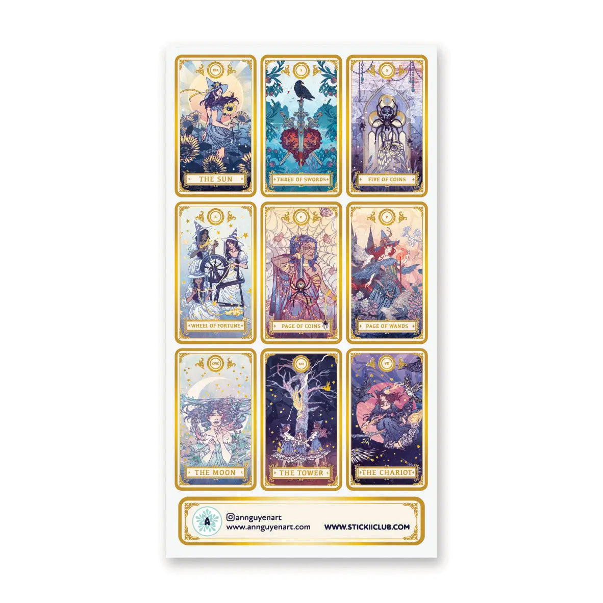 🔮✨ Enter a world of cosmic symbolism and timeless magic with this stunning tarot-inspired sheet by @annguyenart. Featuring beautifully reimagined classic cards like The Sun, The Moon, The Tower, and The Chariot, each design is rich with celestial motifs, flowing figures, and ornate details. With radiant colors, golden accents, and an air of mysticism woven throughout, this collection feels like a modern tarot deck brought to life, perfect for adding a touch of fate, magic, and celestial wonder to your crea
