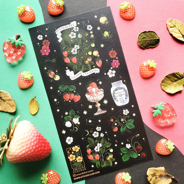 🍓🌙 Ripe with strawberry skies and sweet vibes, this dreamy sheet by @amandaherzman blends botanical beauty with a touch of stardust. Featuring delicate blossoms, ripening berries, and twinkling stars, this set is perfect for adding a hint of celestial wonder to your pages, because strawberries taste even sweeter under the night sky. Art by: @amandaherzman

Top Coating: None
Adhesive Layer: Paper
Backing Layer: Paper
6.69" x 3.54".
Weight - 0.03lbs.
