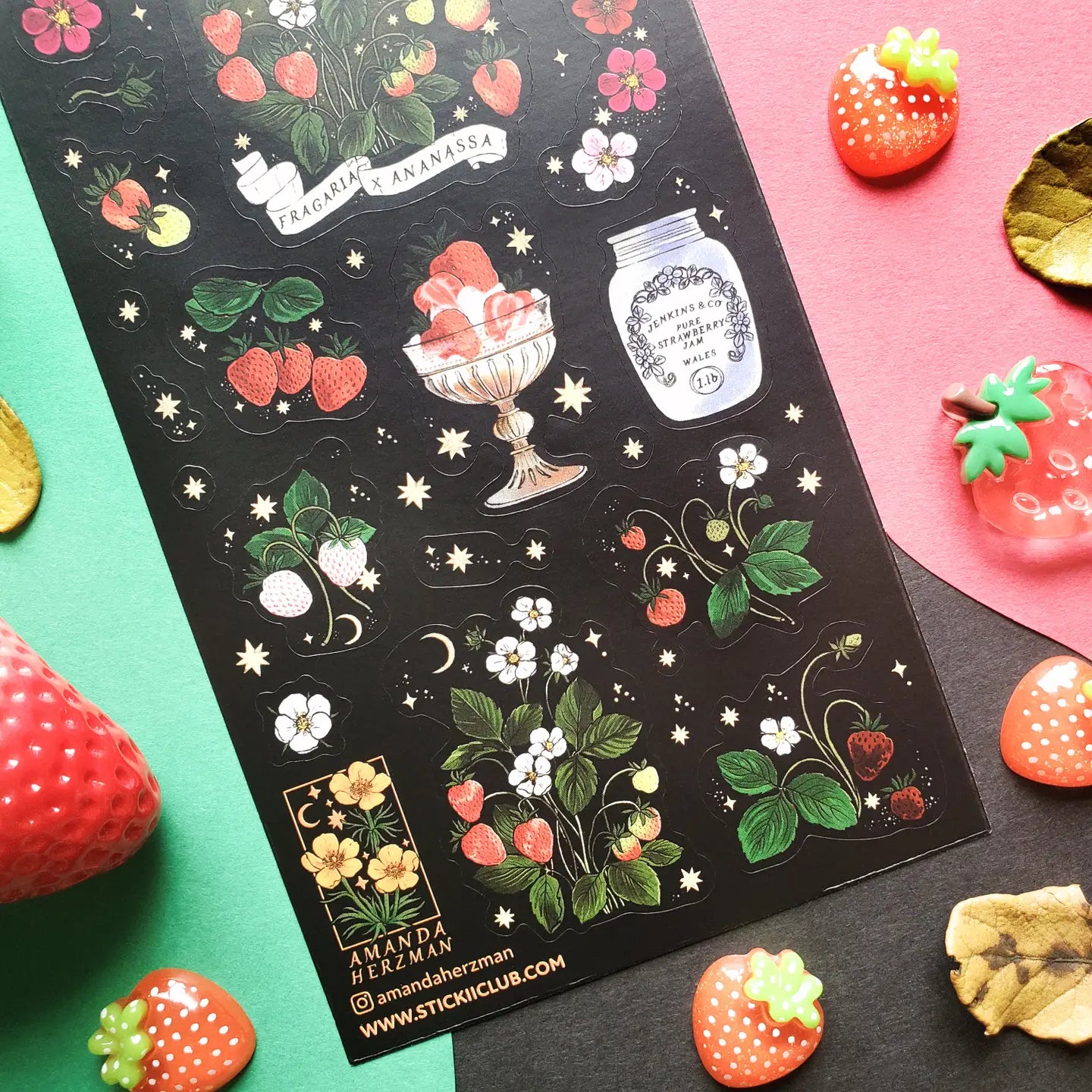 🍓🌙 Ripe with strawberry skies and sweet vibes, this dreamy sheet by @amandaherzman blends botanical beauty with a touch of stardust. Featuring delicate blossoms, ripening berries, and twinkling stars, this set is perfect for adding a hint of celestial wonder to your pages, because strawberries taste even sweeter under the night sky. Art by: @amandaherzman

Top Coating: None
Adhesive Layer: Paper
Backing Layer: Paper
6.69" x 3.54".
Weight - 0.03lbs.