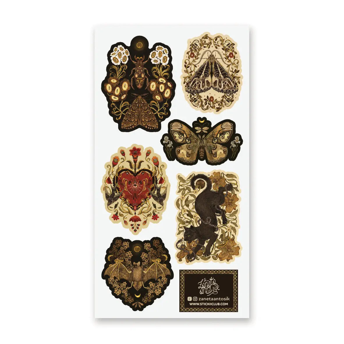 🌙🪲 In this twilight garden by @zanetaantosik, moths, beetles, and shadowy creatures bloom among ornate florals and eclipsed moons. A black cat prowls through curling vines, velvet wings unfurl, and a bat drifts silently across shadowed blossoms — each creature a guardian of this enchanted realm. Perfect for those who find wonder in the dark and poetry in the wild. Art by: @zanetaantosik

Top Coating: Gold Foil
Adhesive Layer: Paper
Backing Layer: Paper
6.69" x 3.54".
Weight - 0.03lbs.
1 sheet included &nb