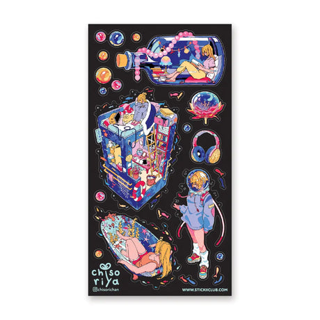 STICKII Aquatic Life (#1) Sticker Sheet Sticker sheet with colorful illustrations of people and objects on a black background, featuring the brand 'chisoriya'.