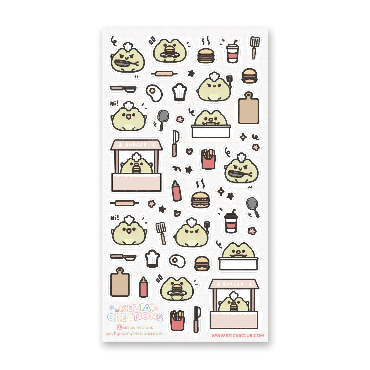 🍔🐸 Say hello to the cutest chef in town! @keziacreations’ adorable little froggy is busy in the kitchen flipping patties and serving up smiles. From sizzling burgers to crispy fries and fizzy drinks, this tiny chef is here to make your heart (and tummy) hoppy.

Art by: @keziacreations

Top Coating: None
Adhesive Layer: Paper
Backing Layer: Clear PET
6.69" x 3.54".
Weight - 0.03lbs.
1 sheet included&nbsp;