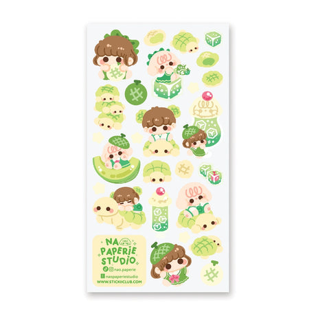 🍈🧃 Craving something delish and refreshing? From bubbly drinks to fluffy buns, look no further than @nao.paperie’s kawaii crew. Packed with fizzy melon sodas, turtle-shaped melonpan, honeydew slices, and the sweetest melon-loving friends.

Art by: @nao.paperie

Top Coating: None
Adhesive Layer: Paper
Backing Layer: Clear PET
6.69" x 3.54".
Weight - 0.03lbs.
1 sheet included&nbsp;