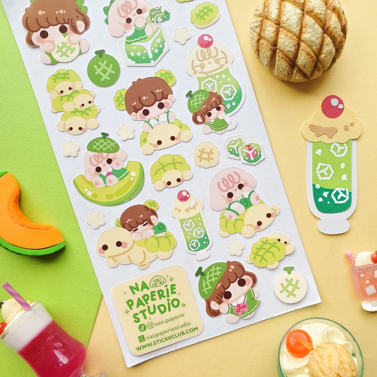 🍈🧃 Craving something delish and refreshing? From bubbly drinks to fluffy buns, look no further than @nao.paperie’s kawaii crew. Packed with fizzy melon sodas, turtle-shaped melonpan, honeydew slices, and the sweetest melon-loving friends.

Art by: @nao.paperie

Top Coating: None
Adhesive Layer: Paper
Backing Layer: Clear PET
6.69" x 3.54".
Weight - 0.03lbs.
1 sheet included&nbsp;