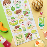 🍈🧃 Craving something delish and refreshing? From bubbly drinks to fluffy buns, look no further than @nao.paperie’s kawaii crew. Packed with fizzy melon sodas, turtle-shaped melonpan, honeydew slices, and the sweetest melon-loving friends.

Art by: @nao.paperie

Top Coating: None
Adhesive Layer: Paper
Backing Layer: Clear PET
6.69" x 3.54".
Weight - 0.03lbs.
1 sheet included&nbsp;