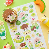 🍈🧃 Craving something delish and refreshing? From bubbly drinks to fluffy buns, look no further than @nao.paperie’s kawaii crew. Packed with fizzy melon sodas, turtle-shaped melonpan, honeydew slices, and the sweetest melon-loving friends.

Art by: @nao.paperie

Top Coating: None
Adhesive Layer: Paper
Backing Layer: Clear PET
6.69" x 3.54".
Weight - 0.03lbs.
1 sheet included&nbsp;