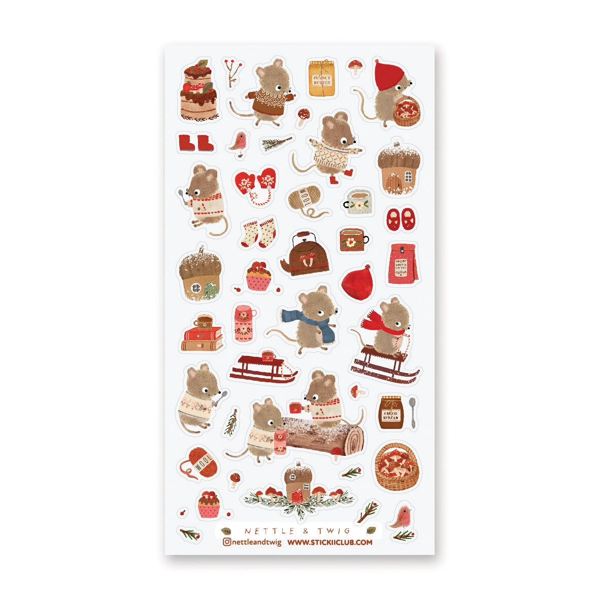 🐭☕️ Cozy up with @nettleandtwig’s snug little mouse village, where winter days are filled with woolly sweaters, steaming cocoa, and muffins fresh from the oven! Among snow-dusted acorn cottages, these tiny friends spend their time sledding, knitting, and sharing warm moments by the fire.

Top Coating: None
Adhesive Layer: PVC (plastic)
Backing Layer: Clear PET
6.69" x 3.54".
Weight - 0.03lbs.
1 sheet included&nbsp;