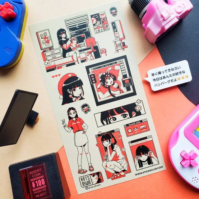 STICKII Pixel Life Sticker Sheet Sheet of illustrated stickers featuring characters on a colorful surface with toys around.