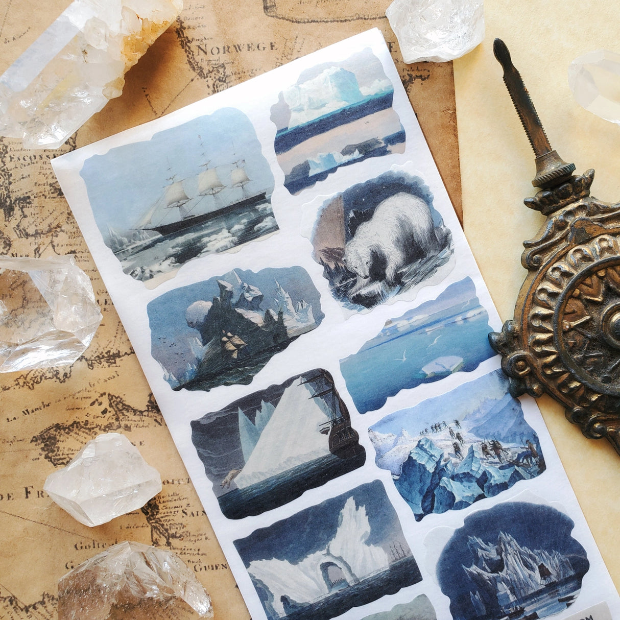 STICKII Polar Seas Sticker Sheet

❄️ This stunning collection of vintage arctic illustrations captures towering icebergs, brave ships, and explorers venturing into glittering frozen worlds.