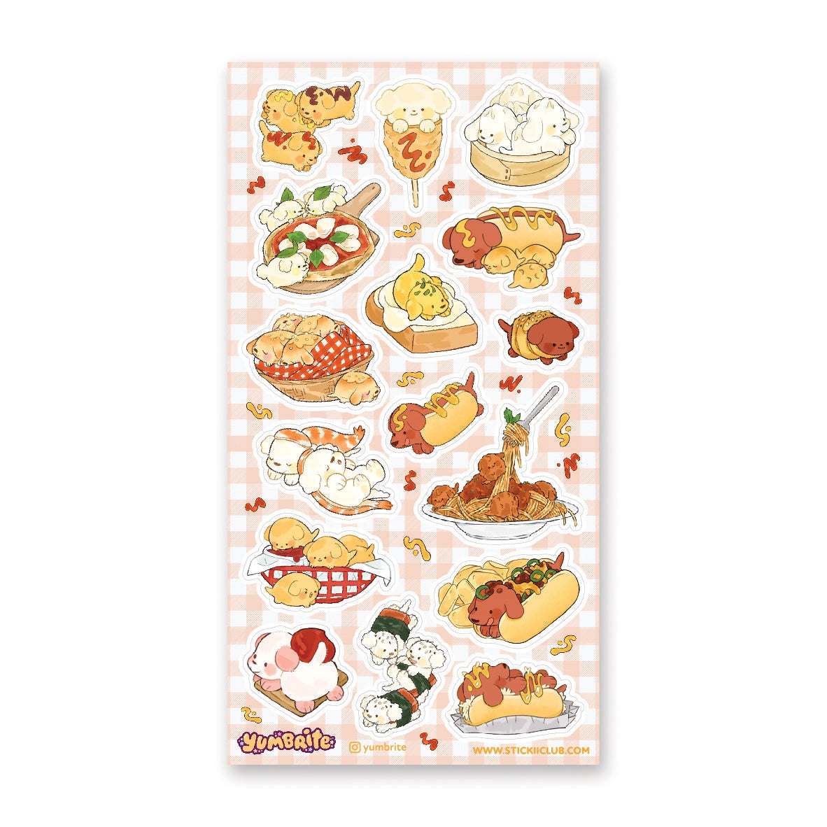 🐶🌭 Puppers meet tasty treats in the most drool-worthy mash-up ever! Whether they’re snoozing in a sandwich bun, rolling around in sushi, or napping in a basket of bread, @yumbrite’s delicious doggies are living their best foodie lives!

Art by: @yumbrite

Top Coating: None
Adhesive Layer: Paper
Backing Layer: Clear PET
6.69" x 3.54".
Weight - 0.03lbs.
1 sheet included&nbsp;