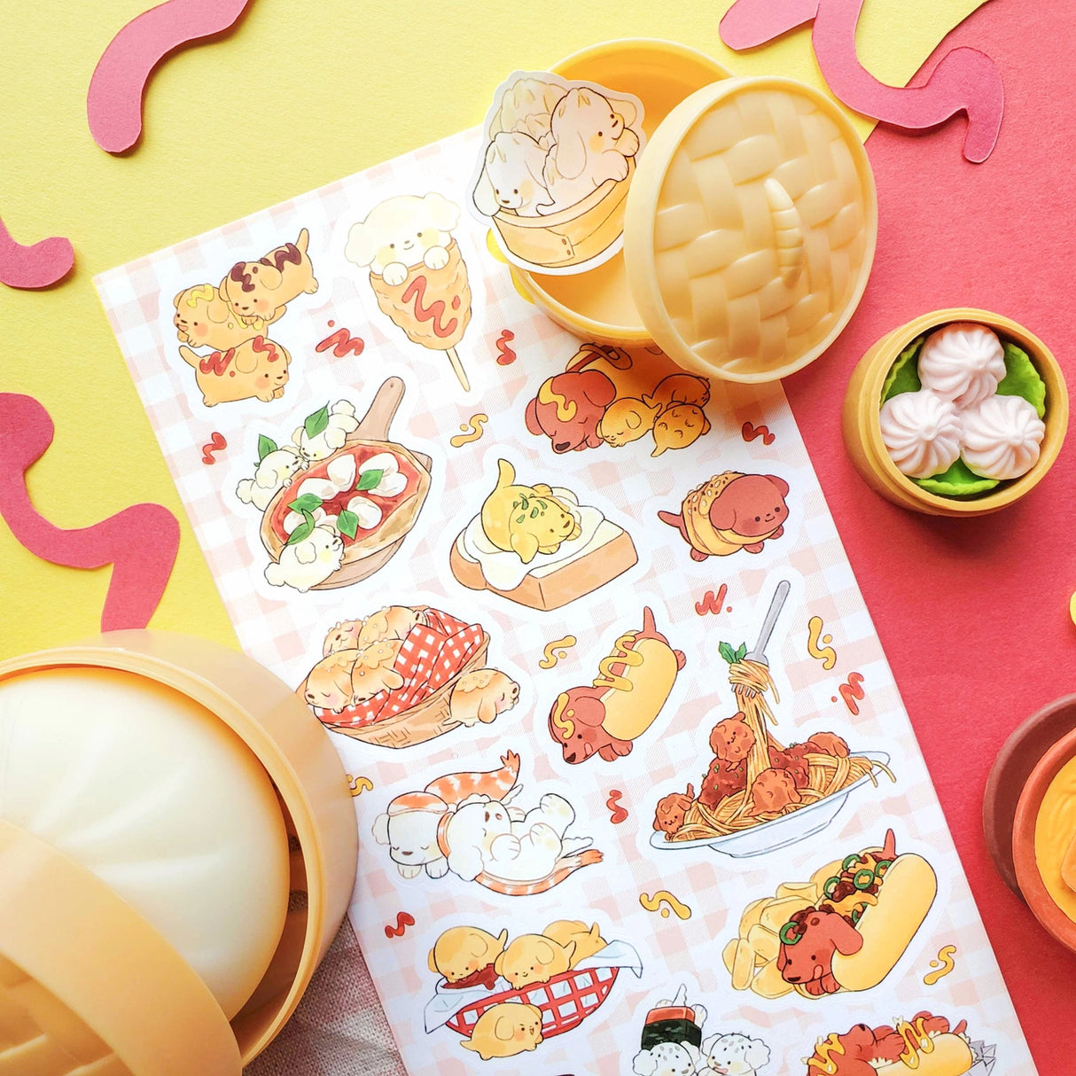 🐶🌭 Puppers meet tasty treats in the most drool-worthy mash-up ever! Whether they’re snoozing in a sandwich bun, rolling around in sushi, or napping in a basket of bread, @yumbrite’s delicious doggies are living their best foodie lives!

Art by: @yumbrite

Top Coating: None
Adhesive Layer: Paper
Backing Layer: Clear PET
6.69" x 3.54".
Weight - 0.03lbs.
1 sheet included&nbsp;