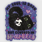 STUDIO Mimi - My Soul Is Dark But Covered in Sparkles Vinyl Sticker

I said, “my soul is dark, but covered in sparkles” to a friend and they exclaimed, “That needs to be on a sticker!” Hahaha, so here it is!

Couldn’t have a sticker design like this without a black cat and glitter holo! Even the toe beans are sparkly!

Weatherproof vinyl with glitter holographic details.
Size 2” x 3” (inches)