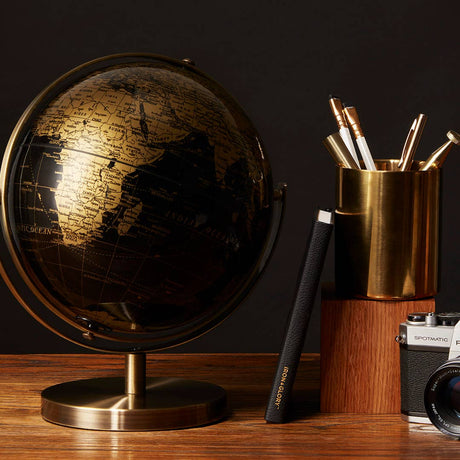 Introducing World Tour – the latest super-premium addition to our Iron &amp; Glory range. A 20cm black and gold double axis globe with a brushed metal frame and base. It’s a beauty!

Premium 20cm double-axis globe